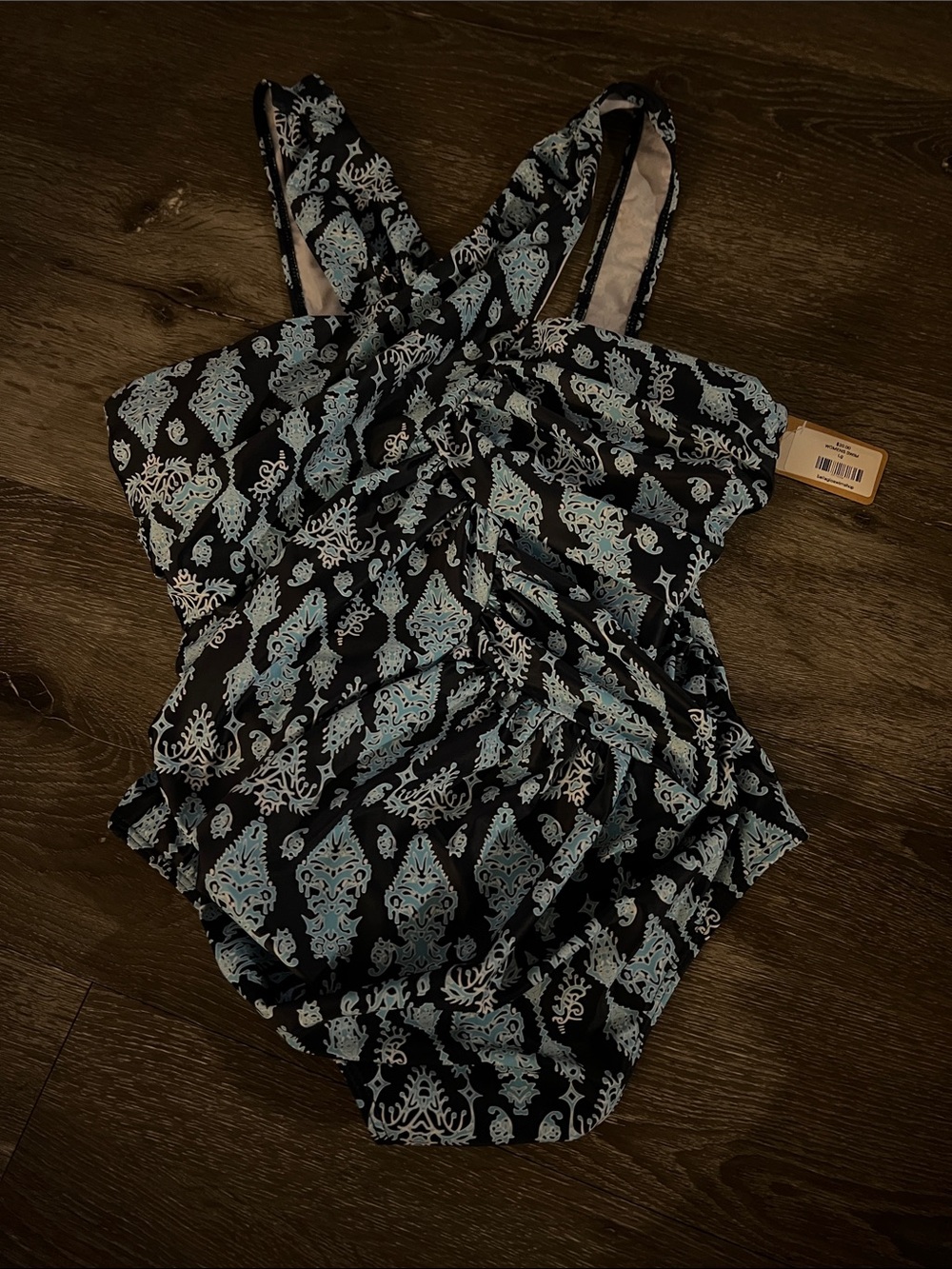 Womans large Black and Light Blue Patterned One-Piece Swimsuit NWT